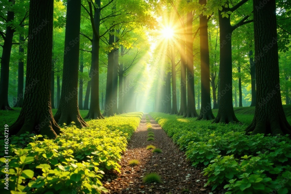 Fototapeta premium Sonnenstrahlen in einem gr?nen Waldpanorama durch das Blattwerk, natur, dachgesimse
