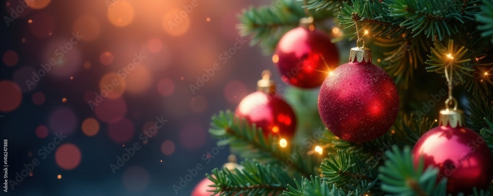 Sparkling Christmas tree with vibrant baubles against a soft focus background, sparkly, evergreen Sparkling Christmas tree with vibrant baubles against a soft focus background, sparkly, evergreen