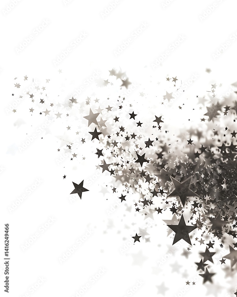Fototapeta premium A whimsical arrangement of scattered stars in various sizes, creating a magical and dreamy atmosphere against a white background.