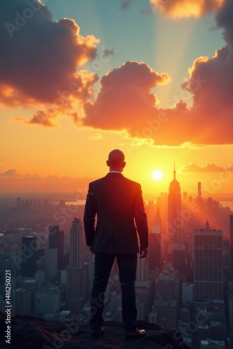 Strong Leader Standing in Front of a City Skyline at Sunset, urban landscape, sunset