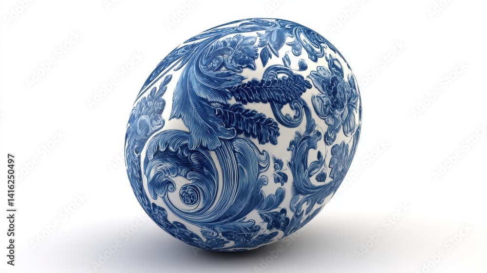 Porcelain Egg, Intricate Blue Floral Scrollwork on White, Isolated. Porcelain Egg, Intricate Blue Floral Scrollwork on White, Isolated.