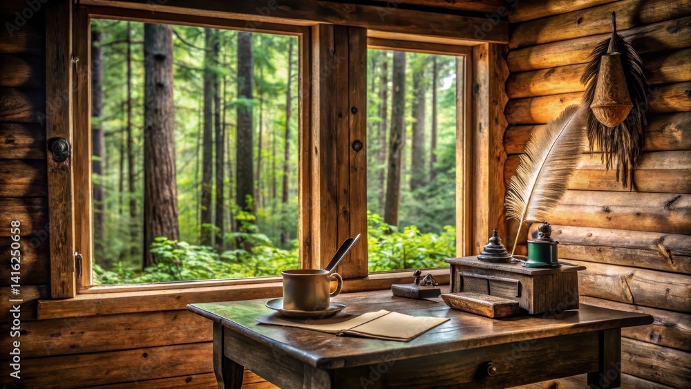 Old wooden desk with antique inkwell and quills in a cozy cabin surrounded by dense forest, writing inspiration, vintage desk Old wooden desk with antique inkwell and quills in a cozy cabin surrounded by dense forest, writing inspiration, vintage desk