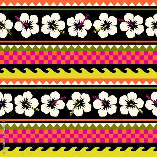 Hibiscus and wave with stripes seamless pattern design for summer holidays background.