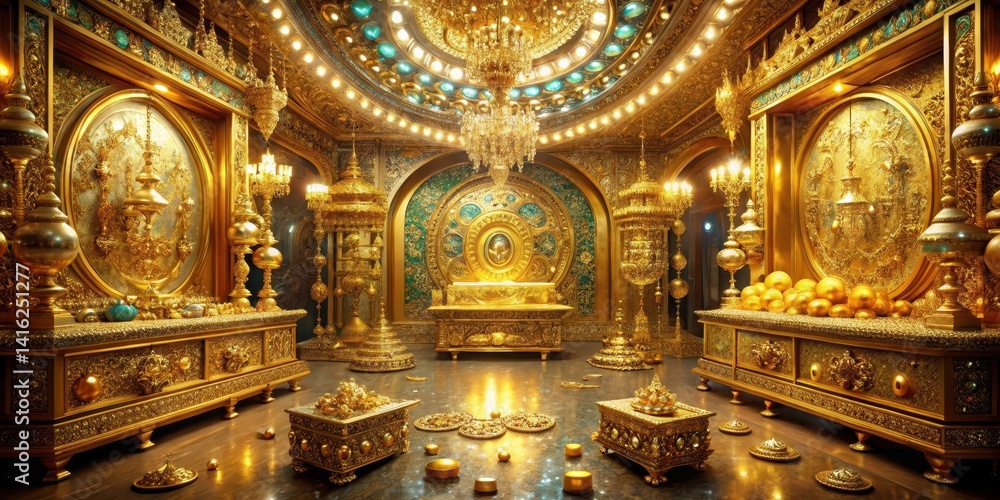 Obraz premium Opulent golden chamber filled with glittering gemstones and ancient relics