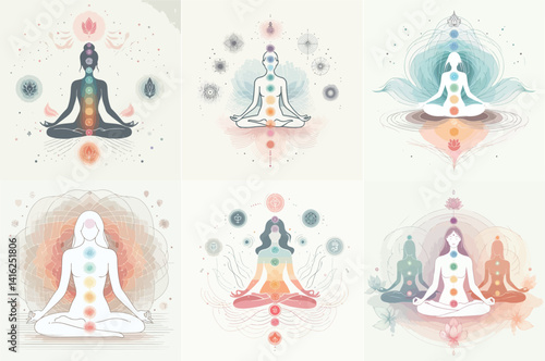Meditation with Seven Chakras Energy Centers Illustrations