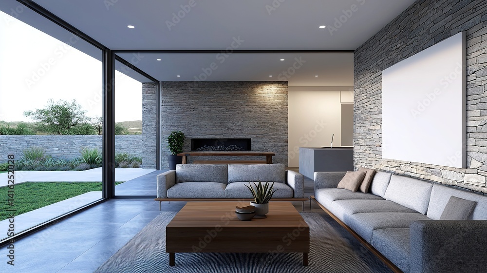 Fototapeta premium Modern living room design chaos contemporary home interior content stylish environment wide angle view modern aesthetics