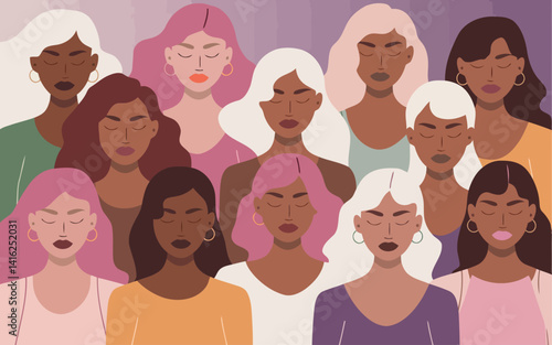 a stylized illustration featuring a diverse group of women shown from the shoulders up. 
