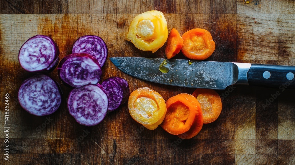 Colorful sliced vegetables and sharp steel knife on a wooden cutting board Colorful sliced vegetables and sharp steel knife on a wooden cutting board