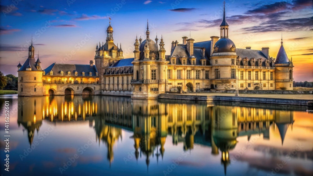 Fototapeta premium Chateau de Chantilly at dusk with grand towers and Gothic architecture, gothic, chateaux, gothic, chateaux, grand