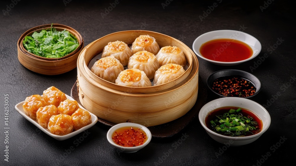 Chinese cuisine concept with dim sum and street food. Steamed dumplings served with various sauces and fresh herbs on a dark background. Chinese cuisine concept with dim sum and street food. Steamed dumplings served with various sauces and fresh herbs on a dark background.