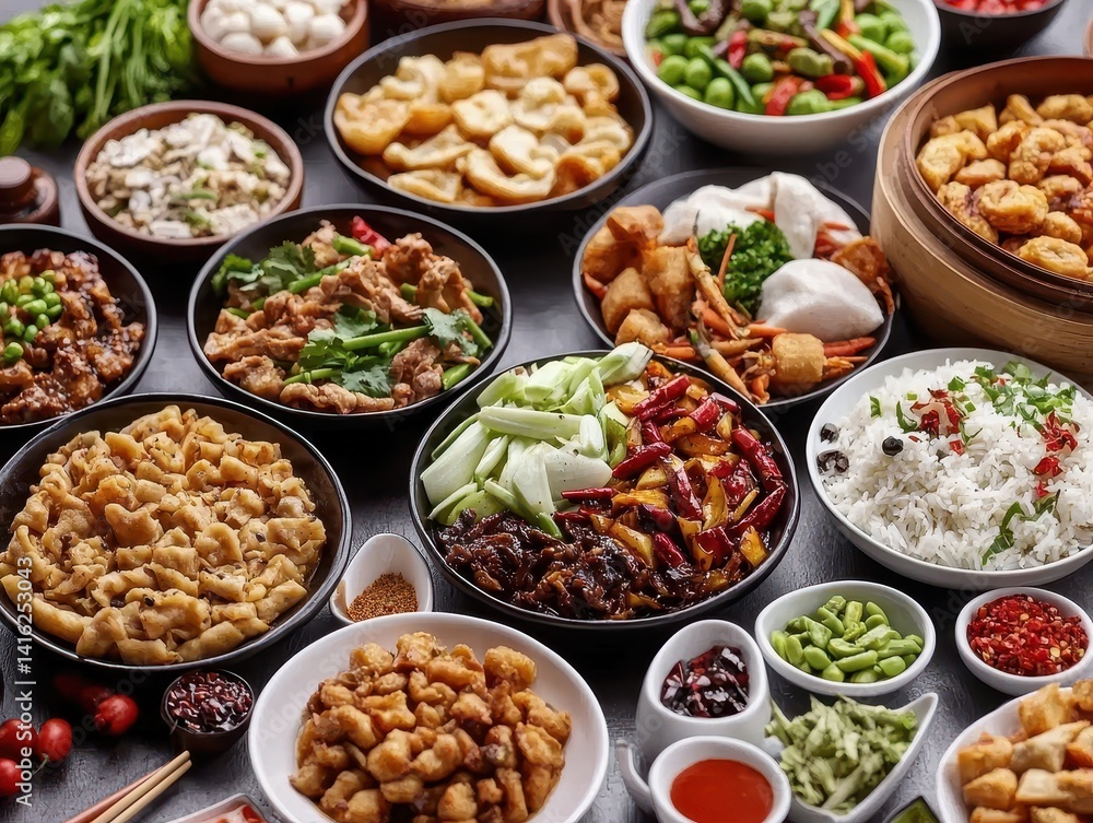 Chinese cuisine concept with dim sum and street food. A vibrant array of dishes showcasing diverse cuisine in bowls and plates. Chinese cuisine concept with dim sum and street food. A vibrant array of dishes showcasing diverse cuisine in bowls and plates.
