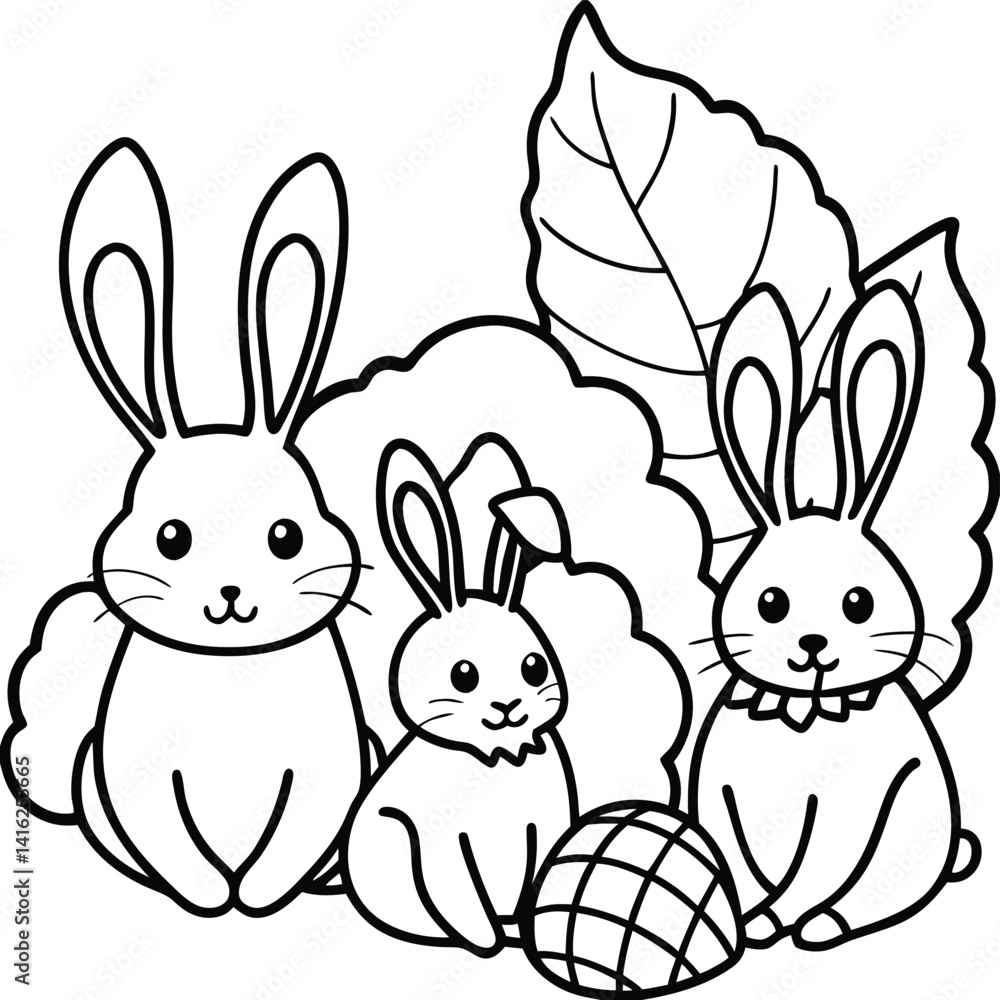 Obraz premium easter bunny family in garden coloring page