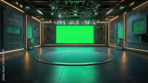 Modern virtual TV studio interior setup perfect for chroma key green screen background scenes