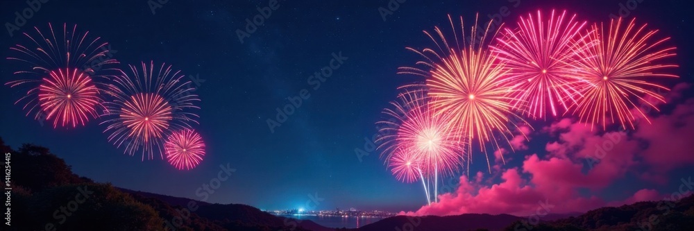 Obraz premium Vibrant fireworks exploding in the night sky with colorful bursts of light and patterns, burst, explosions