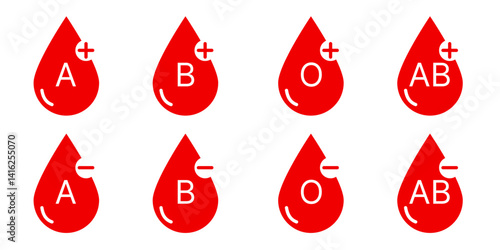 blood type. Set with group or type blood icons on white background. Drop blood for donation. Red droplet.