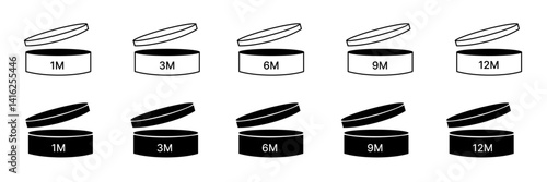 period after opening canning. icon, design, label, graphic, time, packaging, set, safety, storage, container, product, date, canning, instruction, shelf life, symbol, period, expiration, opening, use