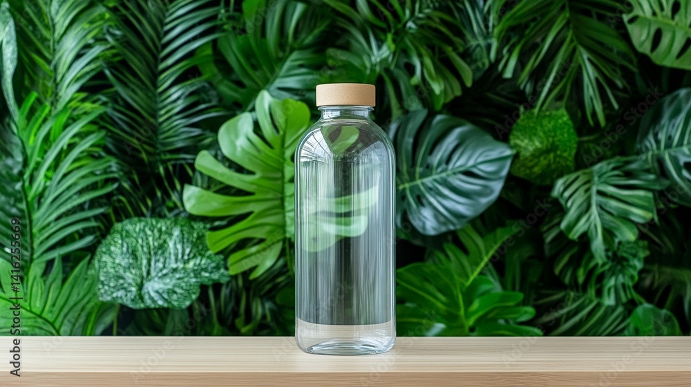 Glass Water Bottle on Tropical Leaves Glass Water Bottle on Tropical Leaves