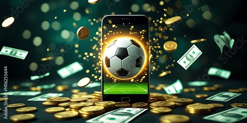 Vibrant concept image of mobile football betting with a glowing soccer ball, currency flying around and smartphone interface, perfect for gambling, finance, and sports apps


