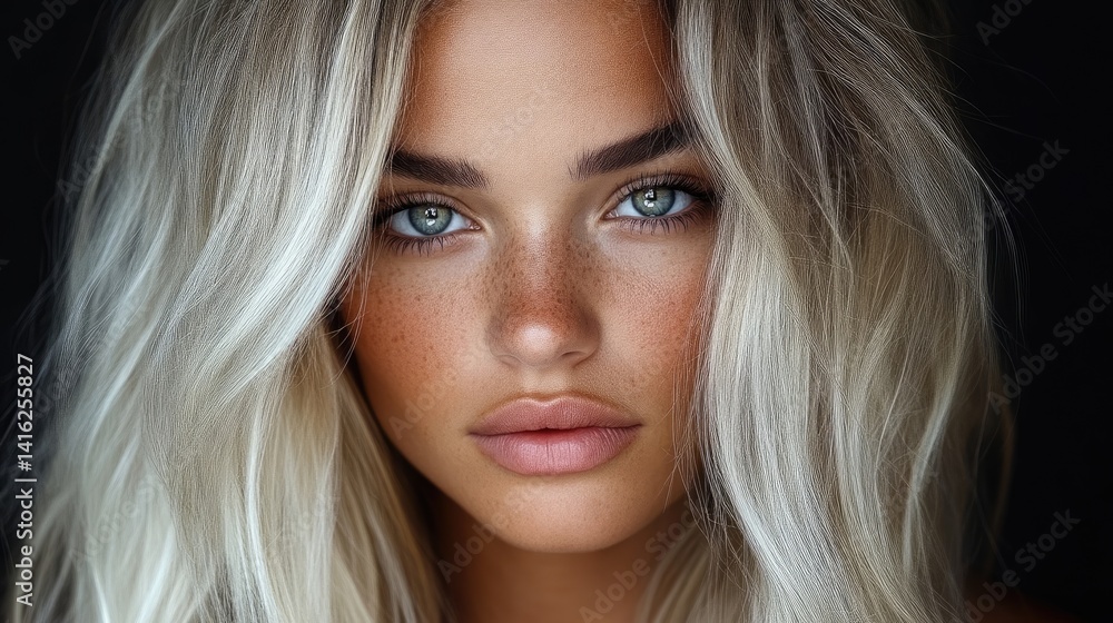 Naklejka premium Close-up portrait of a woman with blonde hair, beautiful eyes, and natural makeup
