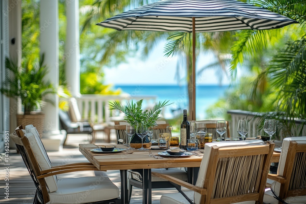 Fototapeta premium Black and white striped umbrella over outdoor dining table with clean-lined chairs, tropical balcony, and palm trees.