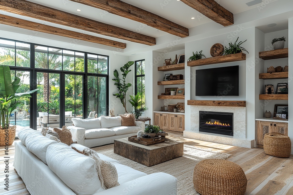 Fototapeta premium Bright and airy living room with fireplace, built-in shelves, TV stand, neutral color palette, and sliding glass door leading to patio.