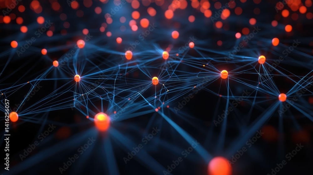 Abstract representation of digital connections and networks with glowing orbs, illustrating concepts of technology, data exchange, and innovation in a modern landscape. Abstract representation of digital connections and networks with glowing orbs, illustrating concepts of technology, data exchange, and innovation in a modern landscape.