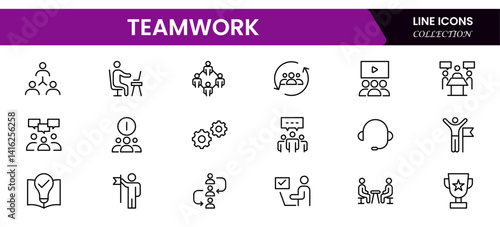 Teamwork linear icons collection. Set of coworking space icons. Business teamwork, team building, work group, and human resources minimal thin line web icon set.