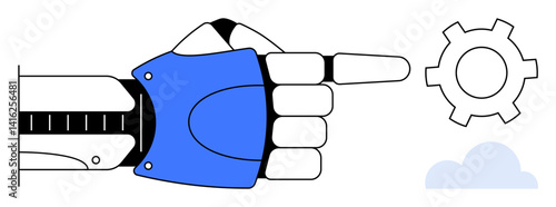 Robotic hand pointing at gear symbol, signifying automation, innovation, and cloud technology. Ideal for AI, robotics, tech advancement, cloud services, digital tools future concepts simple landing