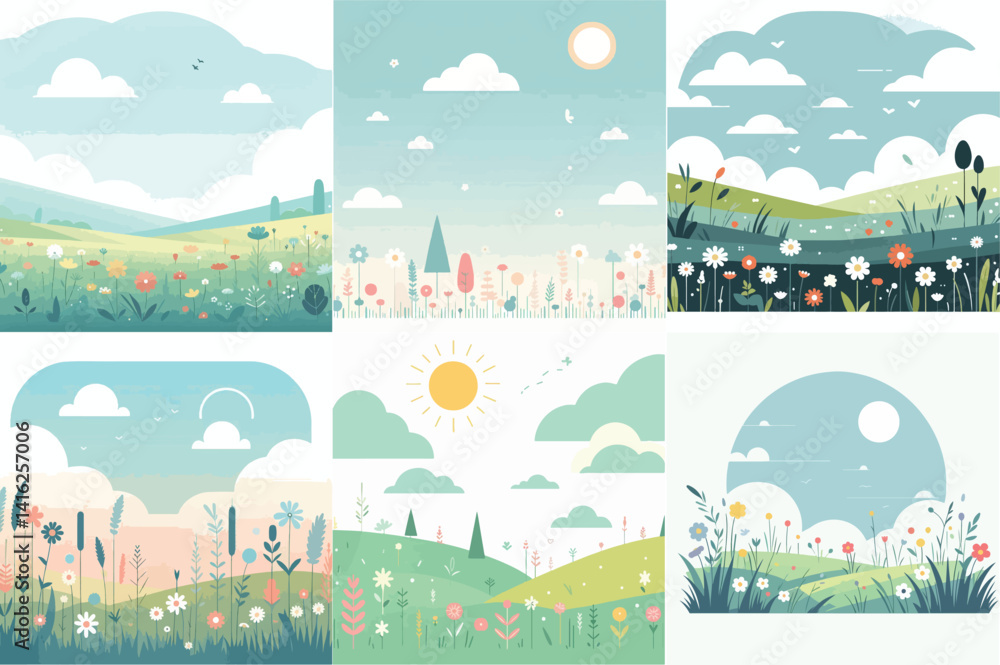 Naklejka premium Blooming Meadow and Field Landscape Illustrations with Sky