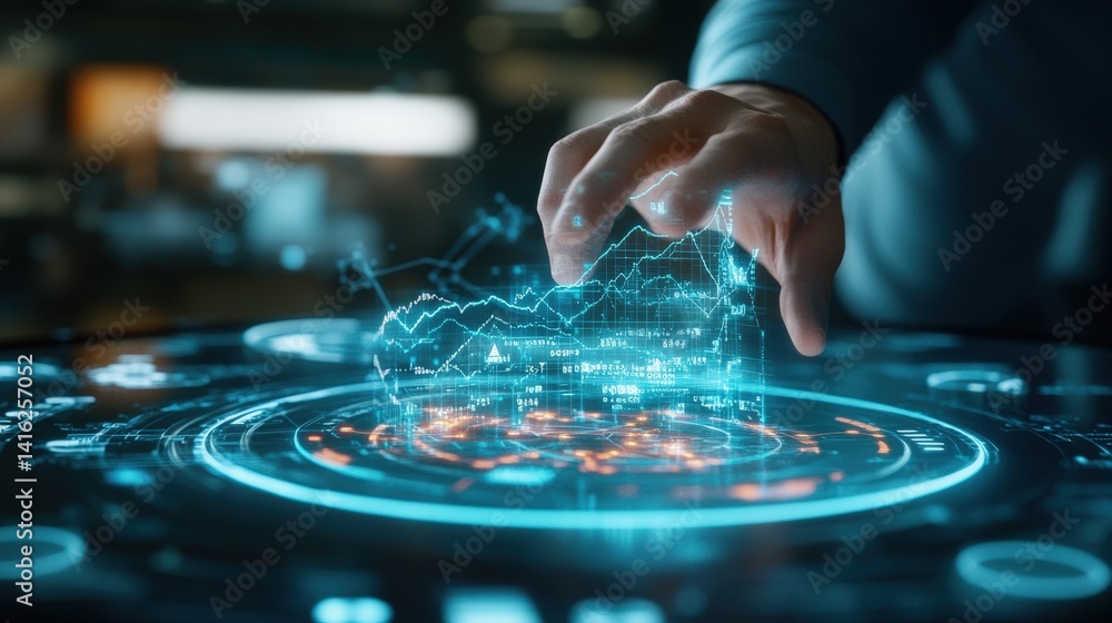 A hand interacts with a holographic projection of dynamic financial data on a touchscreen interface showcasing futuristic technology and innovation in finance A hand interacts with a holographic projection of dynamic financial data on a touchscreen interface showcasing futuristic technology and innovation in finance