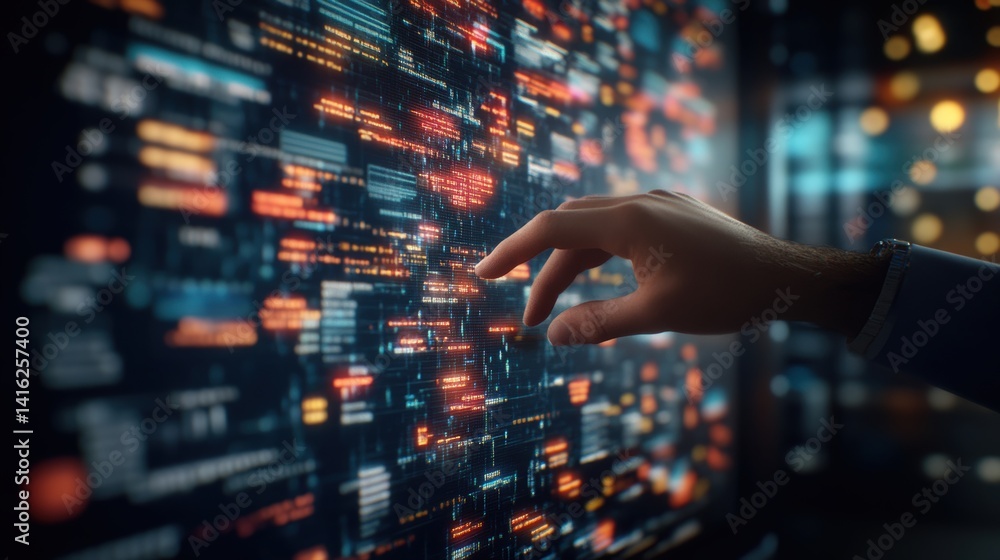 Fototapeta premium A hand reaching out to touch a large screen displaying complex streaming data and code in vibrant orange, blue, and white on a dark background