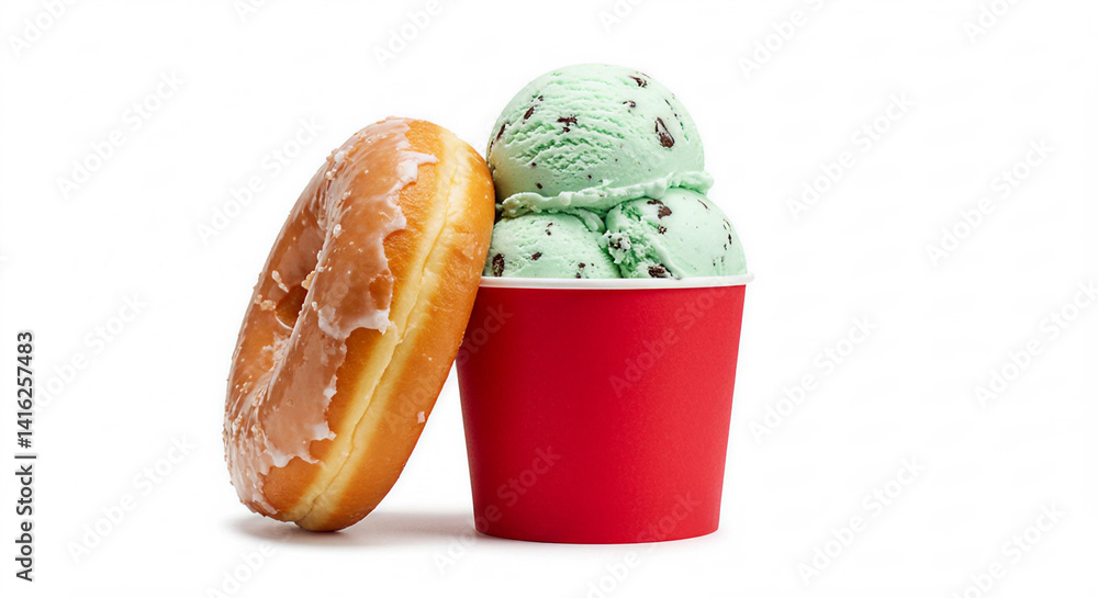 A shiny glazed donut leans against a red cup filled with scoops of mint chocolate chip ice cream, set on a white background. A shiny glazed donut leans against a red cup filled with scoops of mint chocolate chip ice cream, set on a white background.