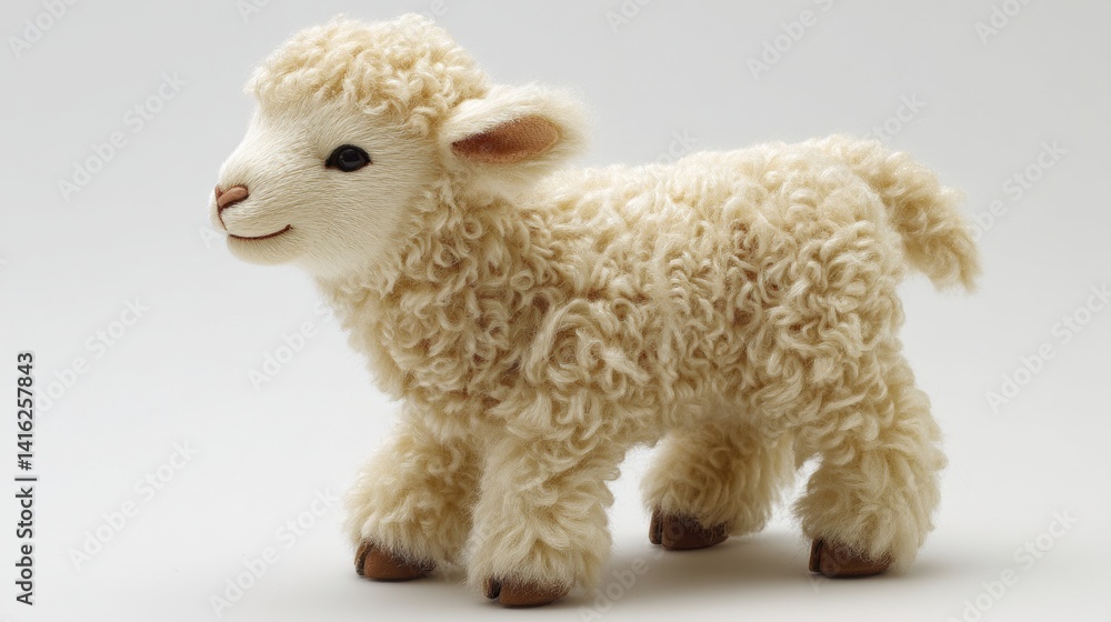 Fototapeta premium Woolly Lamb Figurine: Gentle Smile on White.