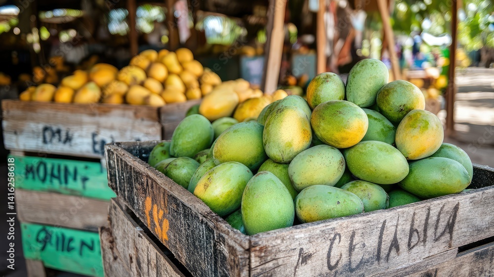 Fresh and Vibrant Mangoes Displayed in Baskets at a Local Market Surrounded by Lush Tropical Fruit Trees in an Inviting Setting Fresh and Vibrant Mangoes Displayed in Baskets at a Local Market Surrounded by Lush Tropical Fruit Trees in an Inviting Setting