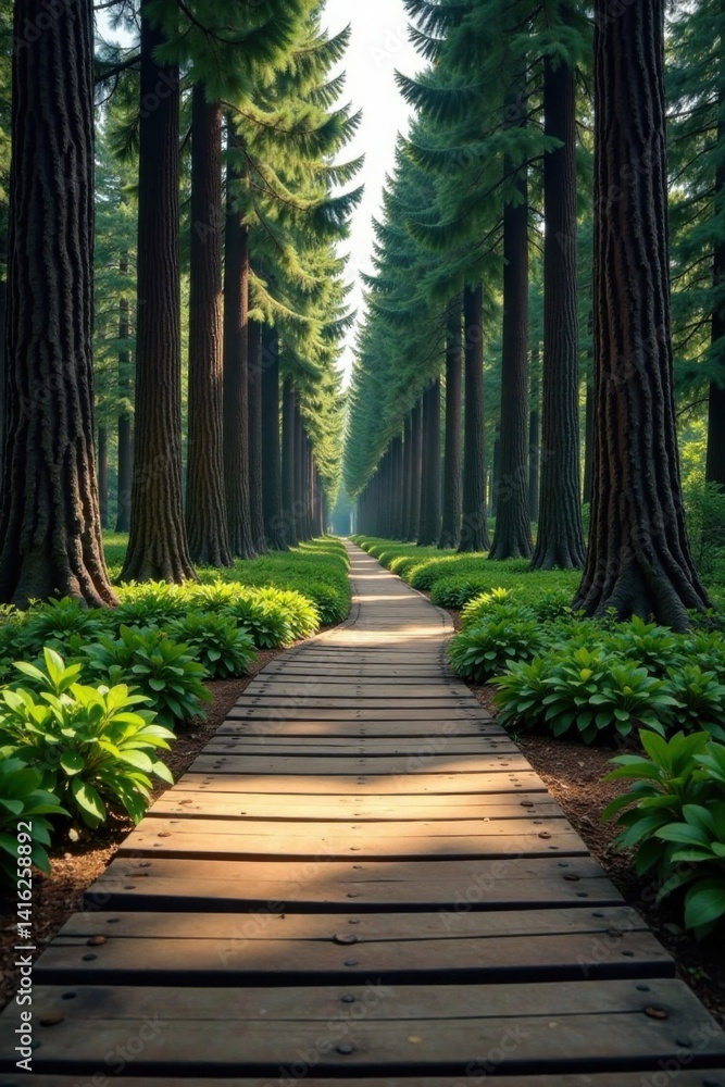 Weathered wooden path leads through ancient firs, retro, rustic Weathered wooden path leads through ancient firs, retro, rustic