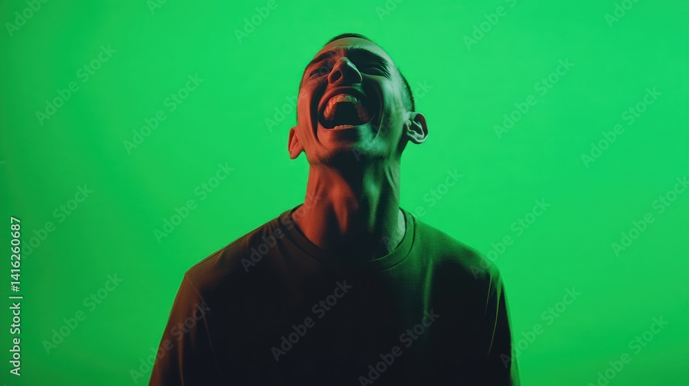 An expressive portrait of a man passionately screaming against a vibrant green background, conveying strong emotions and energy. An expressive portrait of a man passionately screaming against a vibrant green background, conveying strong emotions and energy.