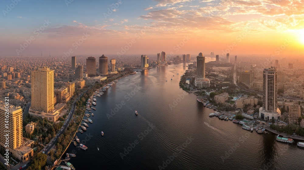 Fototapeta premium Breathtaking sunset view over a vibrant city skyline alongside a majestic river, showcasing stunning modern architecture and natural beauty.