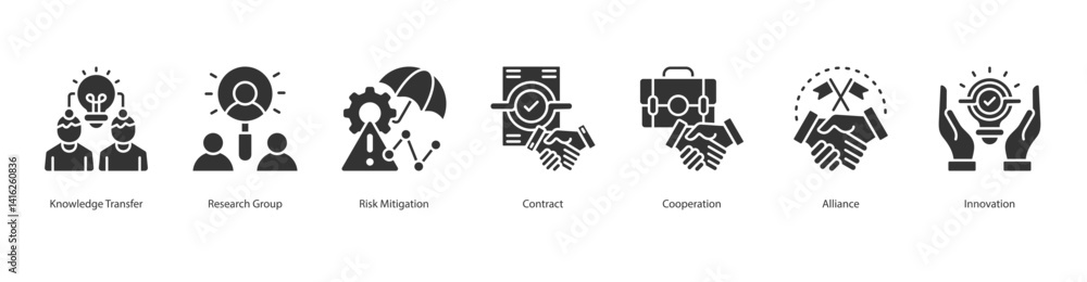Contractual Agreements icon sheet vector knowledge transfer, research group, risk mitigation, contract, cooperation, alliance, innovation