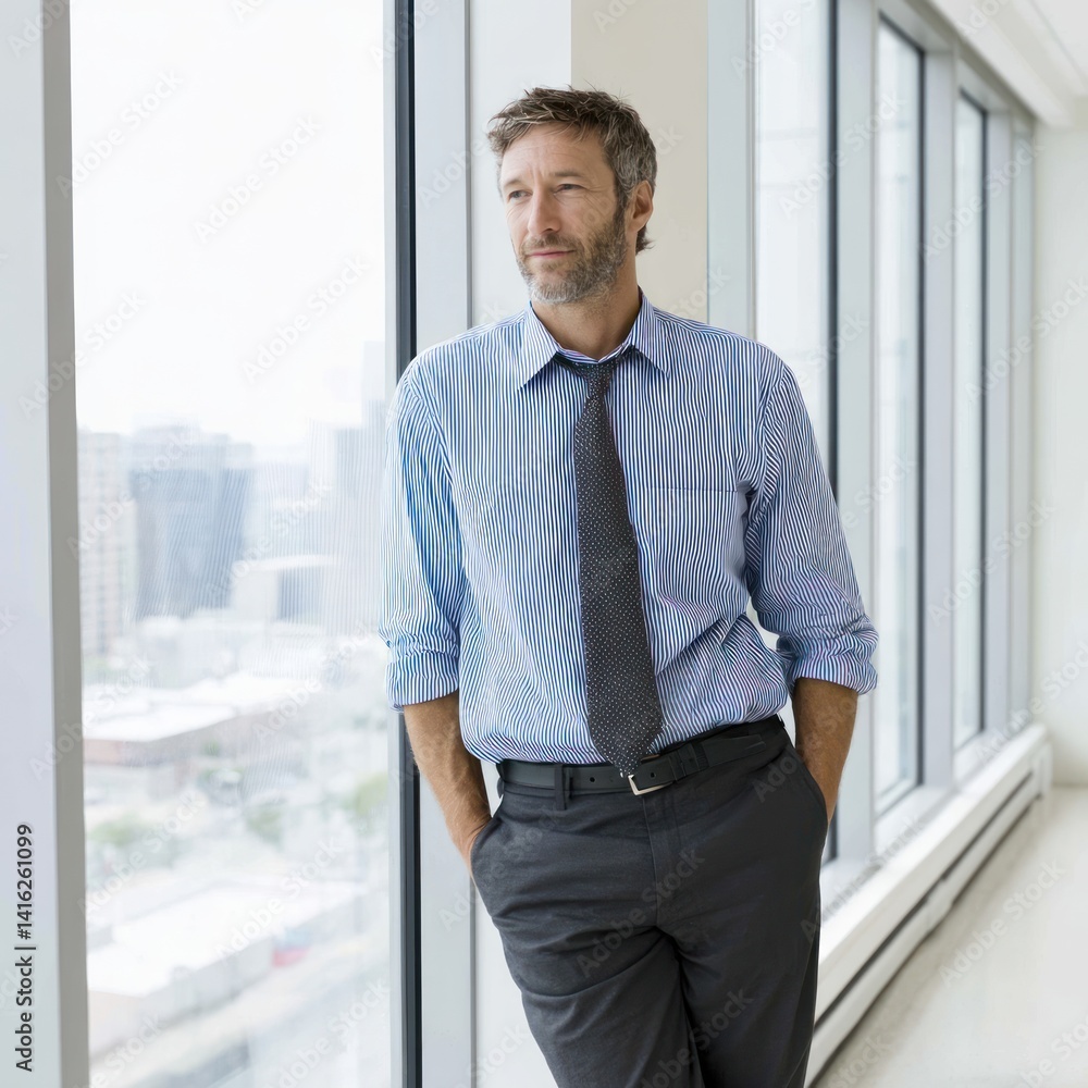 Fototapeta premium Confident businessman stands by the window in a modern office, gazing thoughtfully at the city skyline in the background.