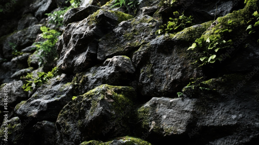 Moss-Covered Stone Wall: A Dark, Textured Natural Scene Moss-Covered Stone Wall: A Dark, Textured Natural Scene