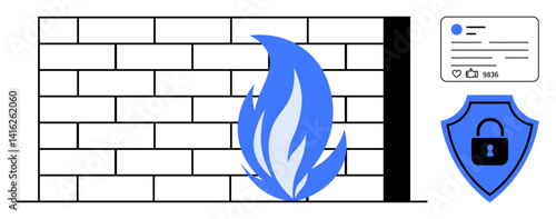 Firewall represented by a brick wall and blue flame, social media panel, and shield with lock. Ideal for network protection, data safety, cybersecurity, IT security, internet safety, online privacy