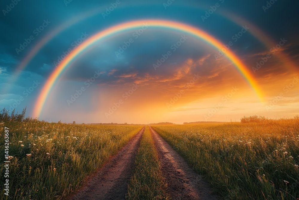Obraz premium Rainbow arching over an open field with green grass and a dirt road leading to the horizon, symbolizing hope after rain.