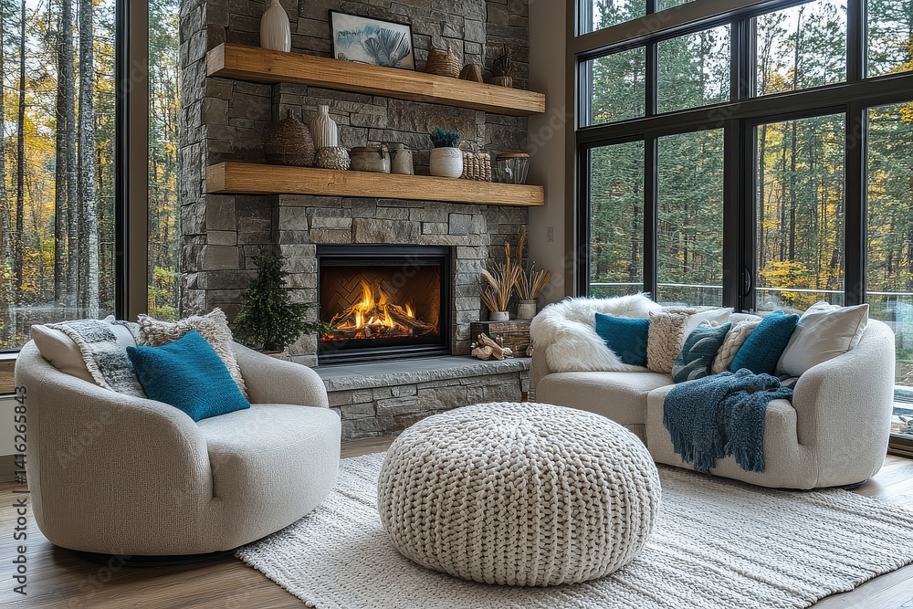 Fototapeta premium Elegant living room with fireplace, neutral beige and light gray palette, comfortable seating, turquoise accents, and natural light from large windows.