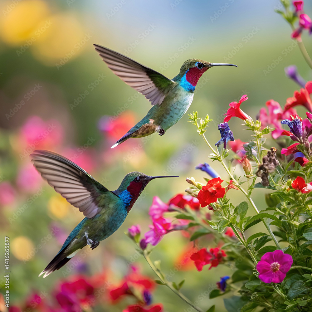 Fototapeta premium Hummingbirds, full-frame image of two hummingbirds in flight, captured mid-hover with iridescent feathers shimmering in the light, surrounded by vibrant flowers and lush greenery.