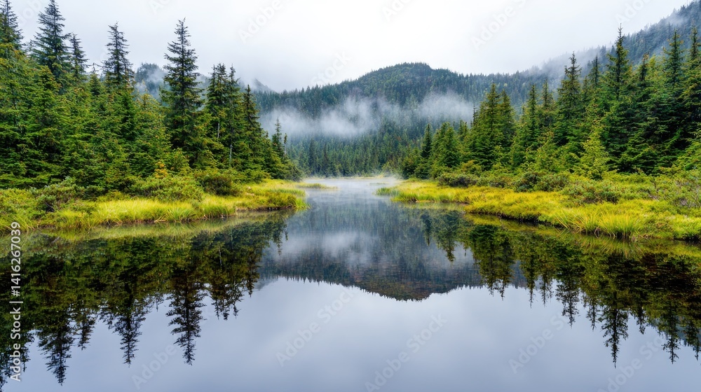 Serene mountain lake reflecting misty peaks. Lush forest surrounds tranquil water Serene mountain lake reflecting misty peaks. Lush forest surrounds tranquil water