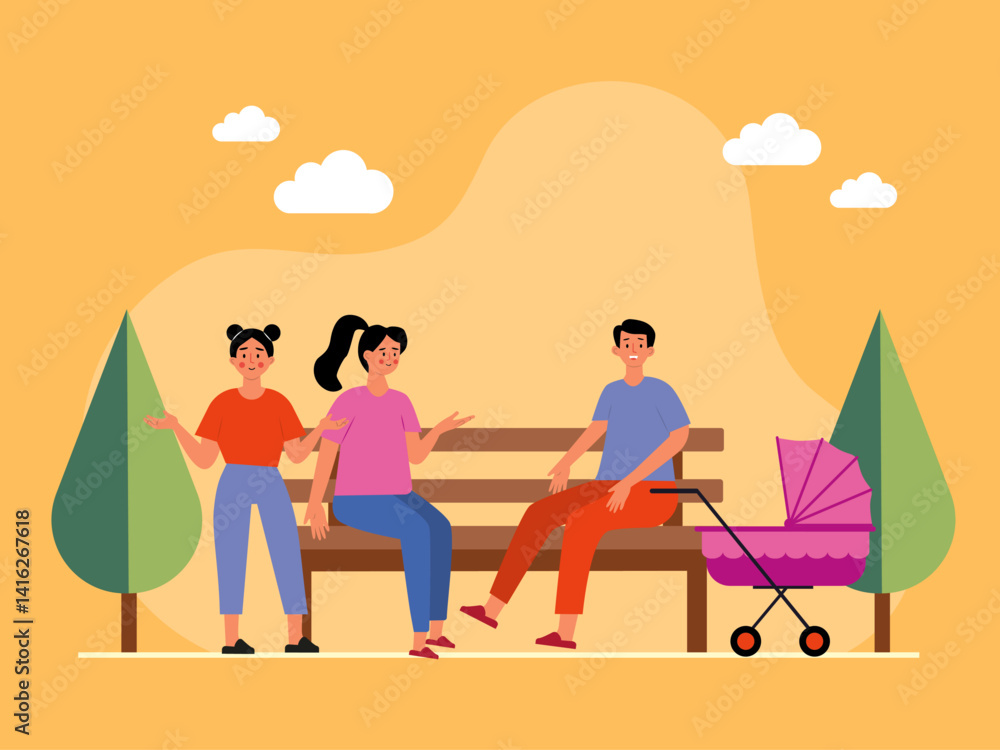 Fototapeta premium Mother, father, sister and stroller in city park. Family illustration. Flat vector illustration concept.