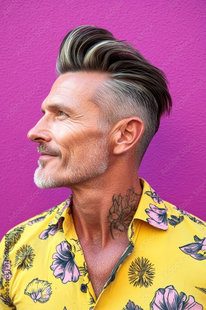 Visual idea of style for aging men. A confident man in a professional studio photo. Purple solid background. Fashionable men's slick back with fade haircut - midlife white man with hair.