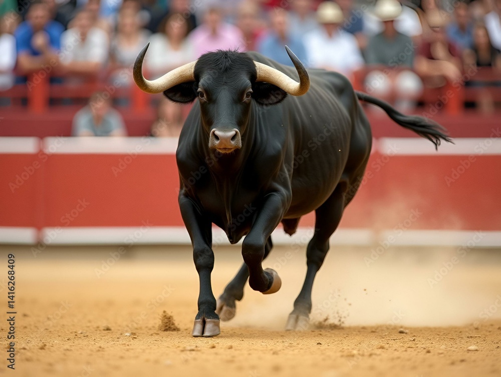 spanish black bull with big horns running on the show of bullfight in spain spanish black bull with big horns running on the show of bullfight in spain