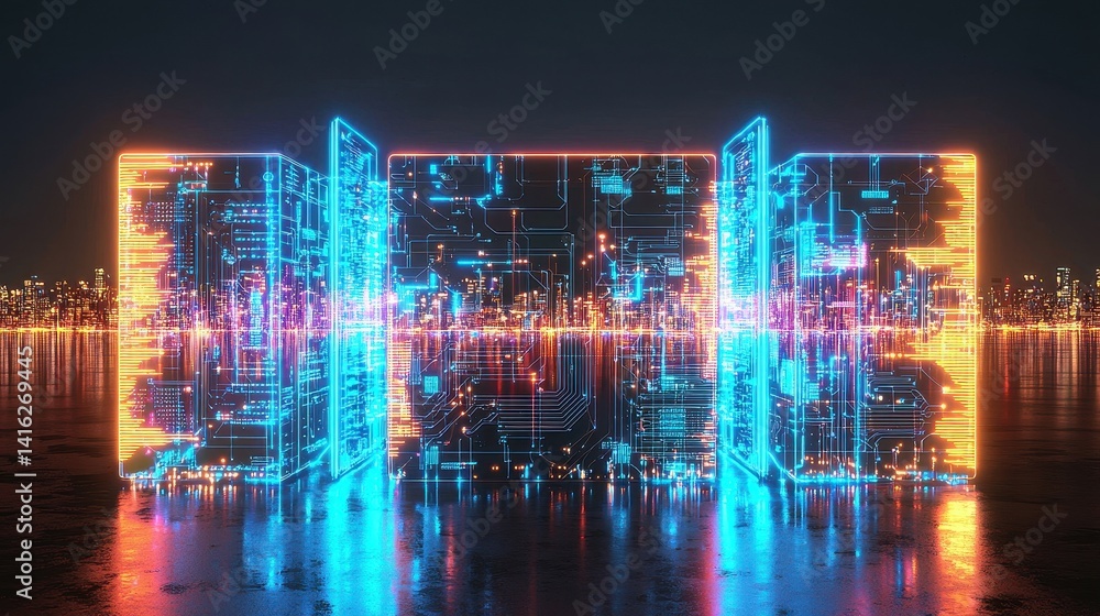 Fototapeta premium A futuristic digital landscape featuring glowing circuit patterns reflecting on water, set against a city skyline at night.