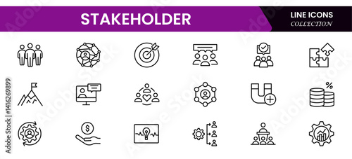 Stakeholder outline icons set. Business, teamwork, trade unions, suppliers, government, customers, creditors, community, investors, and partners.